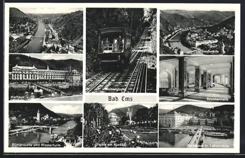 AK Bad Ems, Römerquelle und Wasserturm, Badehaus m. Lahnbrücke, Partie am Kursaal