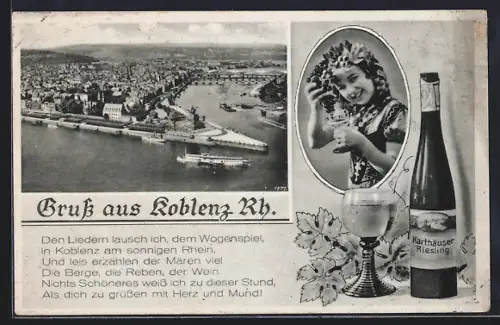 AK Koblenz, Deutsches Eck aus der Vogelschau, Dampfer auf dem Rhein, Mädchen mit Weinglas