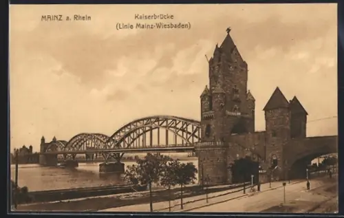 AK Mainz a. Rhein, Kaiserbrücke mit Linie Mainz-Wiesbaden
