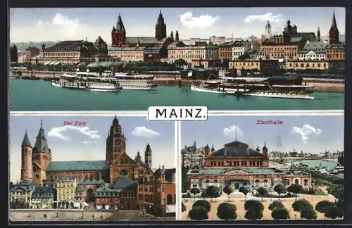 AK Mainz, Flusspartie mit Blick in die Innenstadt, Der Dom, Die Stadthalle