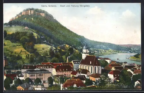 AK Königstein / Elbe, Die Kirche im Ortszentrum mit Festung
