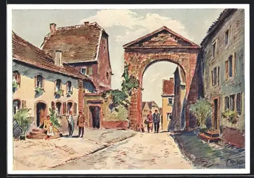 Künstler-AK Hornbach / Pfalz, Stadttor, historische Häuser