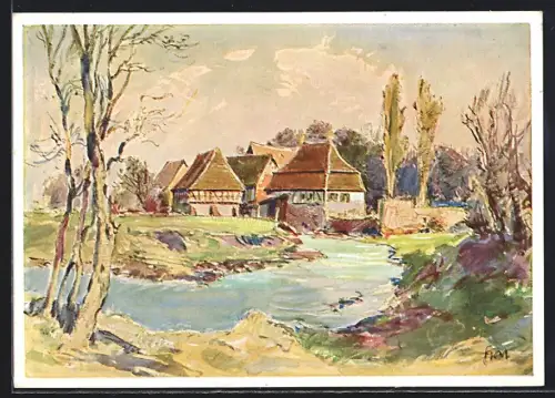 Künstler-AK Berg / Pfalz, Alte Mühle an der Lauter