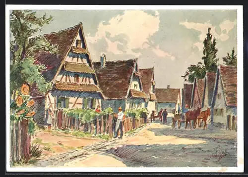 Künstler-AK Scheibenhardt / Pfalz, Fachwerkhäuser, Dorfstrasse