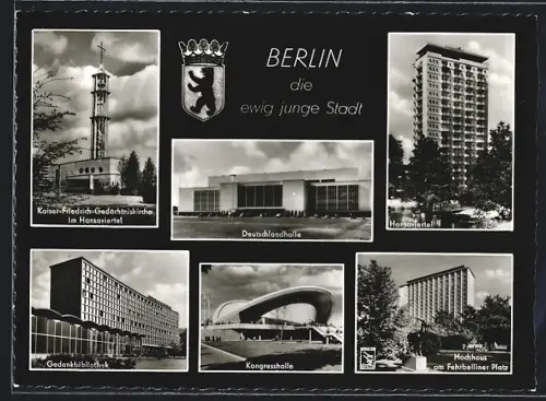 AK Berlin, Kaiser-Friedrich-Gedächtniskirche, Deutschlandhalle, Kongresshalle, Gedenkbibliothek