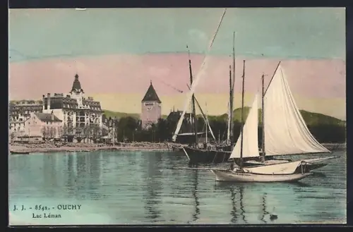 AK Ouchy / Lac Léman, Panorama mit Segelbooten