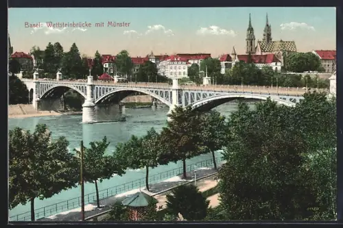 AK Basel, Wettsteinbrücke mit Münster