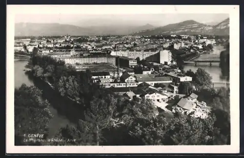AK Genève, Panorama, Le Mt Blanc, Le Rhône et l`Arve