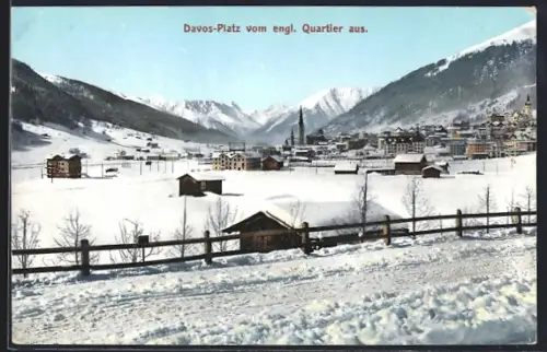 AK Davos-Platz, Teilansicht im Schnee vom englischen Quartier aus