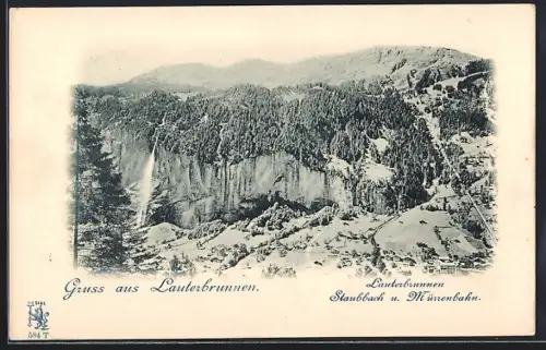 AK Lauterbrunnen, Teilansicht mit Staubbach und Mürrenbahn