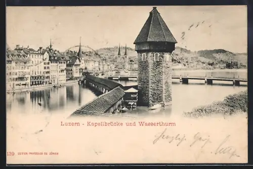 AK Luzern, Kapellbrücke und Wasserturm