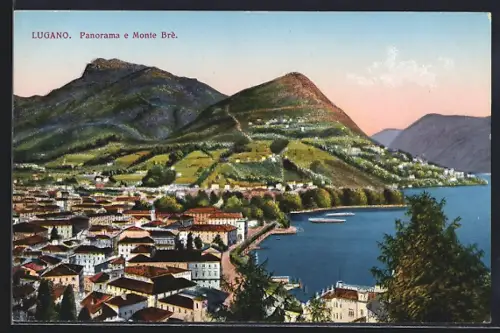Künstler-AK Lugano, Panorama e Monte Brè