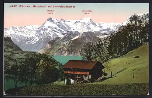 AK Morschach, Blick auf den Vierwaldstättersee mit Gitschen und Urirotstock