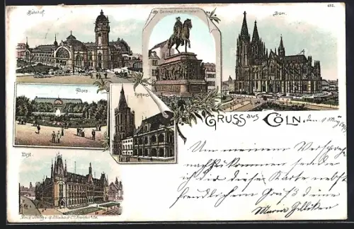Lithographie Köln, Dom, Bahnhof, Flora, Rathaus, Bismarck-Denkmal, Börse