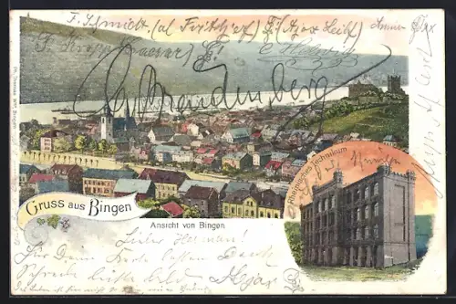 Lithographie Bingen / Rhein, Gesamtansicht, Rheinhessisches Technikum