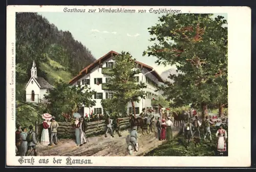Lithographie Ramsau / Berchtesgaden, Gasthaus zur Wimbachklamm v. Engljähringer, Kirche