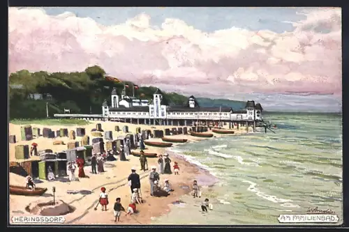 Künstler-AK Heringsdorf / Ostseebad, Familienbad, Strand, Seebrücke