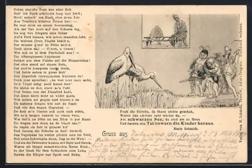 Lithographie Teterow, Sage vom Teterower Storch, Gedicht, Illustration, Kinderrettung