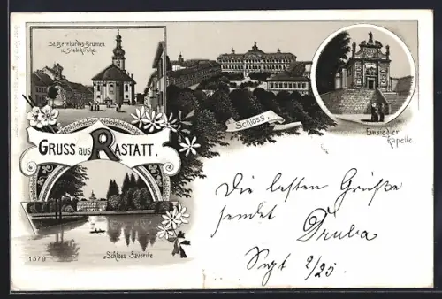 Lithographie Rastatt, Eisiedler-Kapelle, Schloss, St. Bernhardus-Brunnen und Stadtkirche, Schloss Favorite