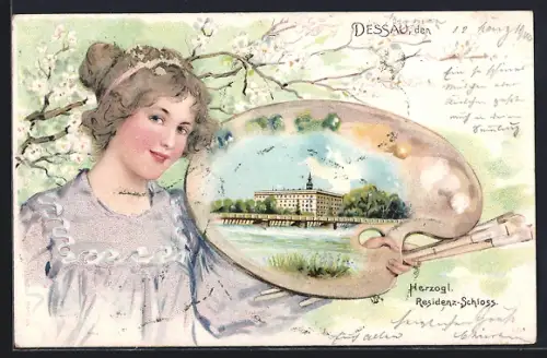Lithographie Dessau, Herzogliches Residenz-Schloss in Farbpalette von Frau