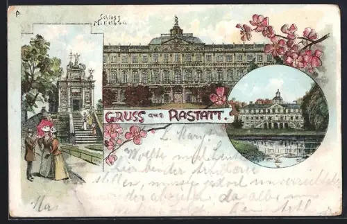 Lithographie Rastatt, Schloss und weitere Motive