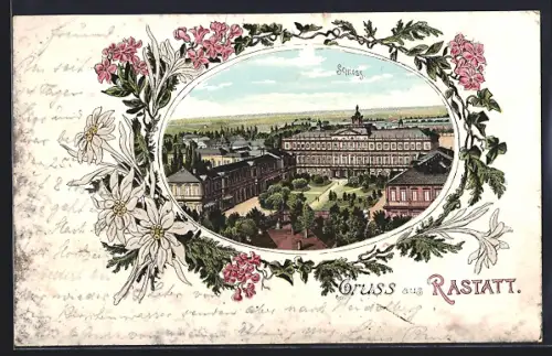 Passepartout-Lithographie Rastatt Blick auf das Schloss mit Blumen