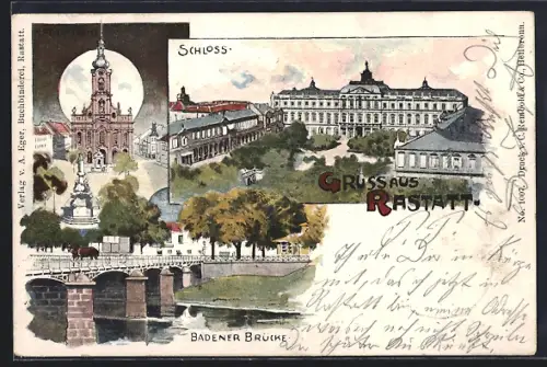 Lithographie Rastatt, Schloss, Badener Brücke, Kirche mit Denkmal