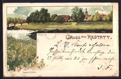 Lithographie Rastatt, Uferpartie mit Brücke