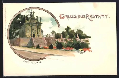 Lithographie Rastatt, Ansicht der Einsiedler-Kapelle