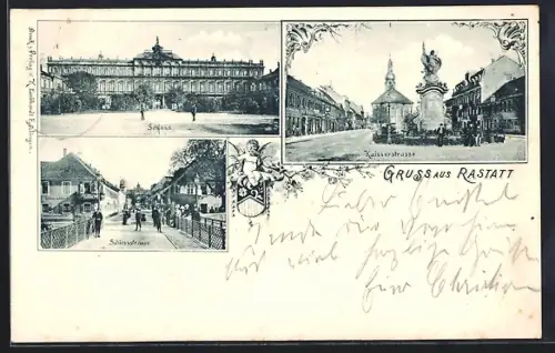 AK Rastatt, Schloss, Kaiserstrasse mit Kirche und Denkmal, Schlossstrasse