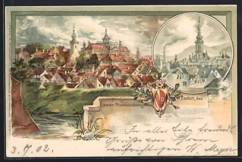Lithographie Rastatt, Teilansicht von der Friedrichsfeste aus gesehen, Ortspartie