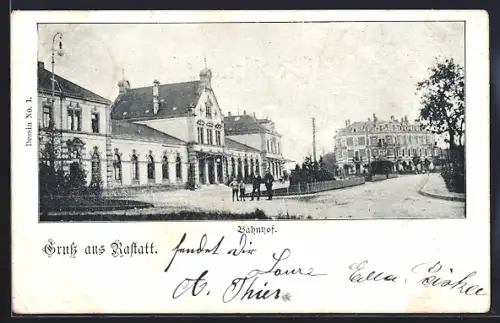 AK Rastatt, Bahnhof mit Strassenpartie