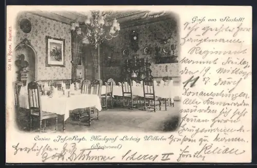 AK Rastatt, Kaserne des Infanterie-Regiments Margraf Ludwig Wilhelm, Casino, Speisesaal, Innenansicht