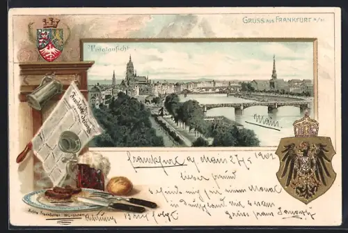 Passepartout-Lithographie Frankfurt a. M., Totalansicht mit Wappen