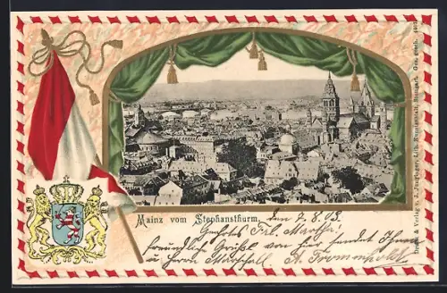 Passepartout-Lithographie Mainz, Gesamtansicht vom Stephansturm aus, Wappen