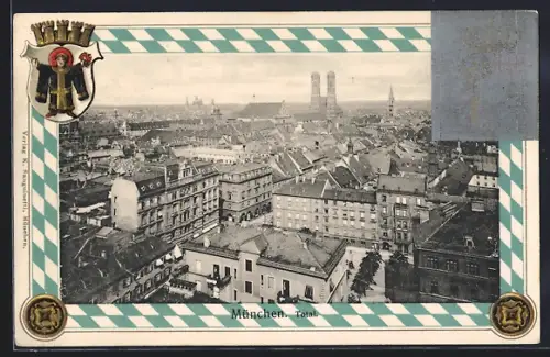 Passepartout-Lithographie München, Totalansicht mit Strassenpartie, Wappen