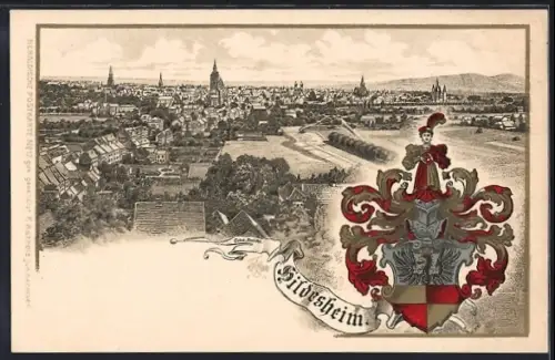 Passepartout-Lithographie Hildesheim, Teilansicht, Ritterhelm mit Wappen