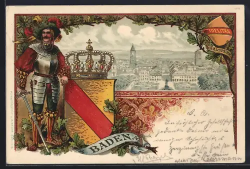 Künstler-AK Karlsruhe, Panaroma mit Wappen und Krone