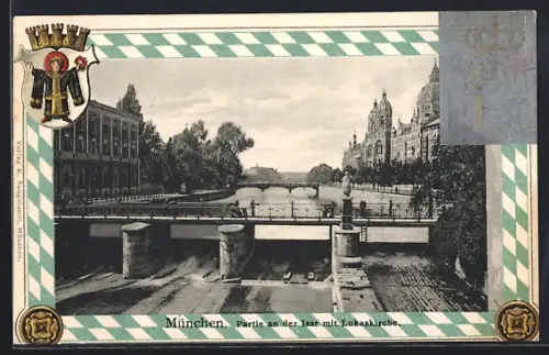 Passepartout-Lithographie München, Isar mit Lukaskirche, Wappen