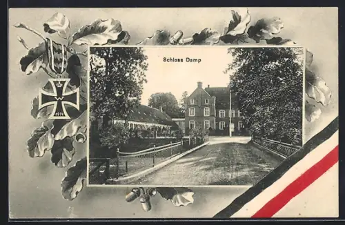 AK Damp, Schloss mit Strassenpartie, Eichenzweige mit Eisernem Kreuz, Passepartout