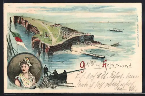 Lithographie Helgoland, Gesamtansicht mit Umgebung, Porträt einer Frau in Tracht