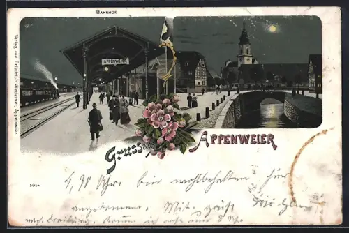 Lithographie Appenweier, Bahnhof bei Nacht