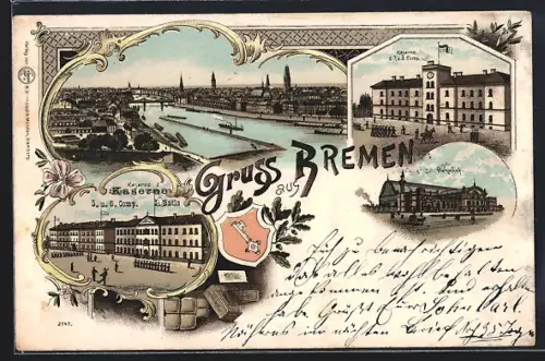 Lithographie Bremen, Kaserne 5. u. 6. Comp. 1. Batls., Bahnhof