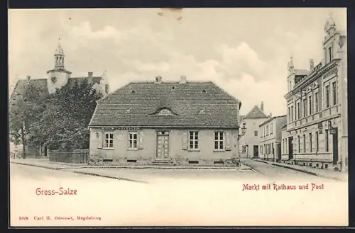 AK Gross-Salze, Markt mit Rathaus, Post und Gasthaus zum Rathskeller