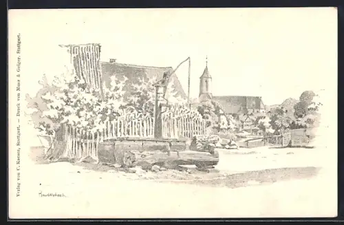 Künstler-AK Beutelsbach / Remstal, Ortspartie mit Brunnen