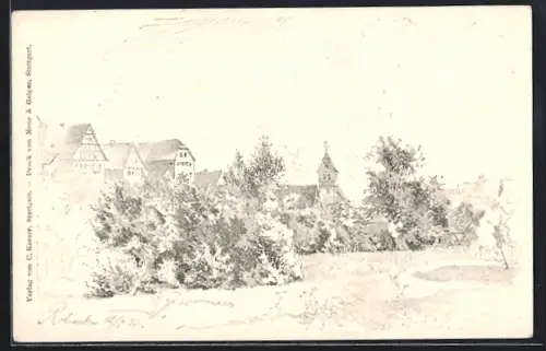Künstler-AK Rohracker, Ortsansicht am kleinen Bach