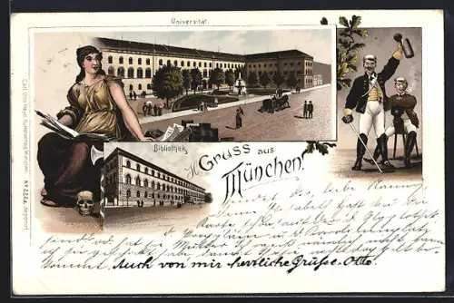 Lithographie München, Universität, Bibliothek, Feiernde Studenten