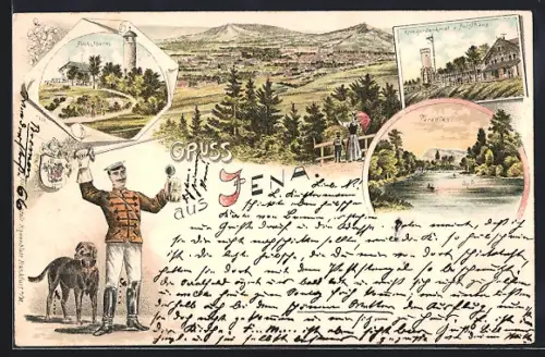 Lithographie Jena, Kriegerdenkmal und Forsthaus, Fuchsturm, Paradies