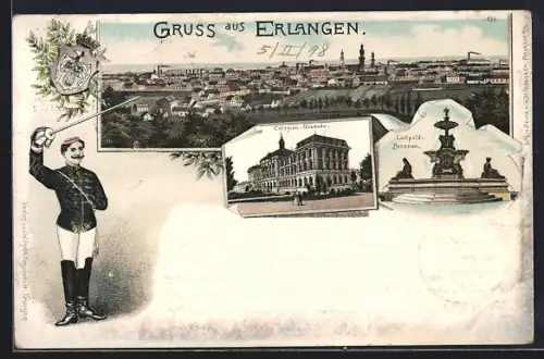 Lithographie Erlangen, Teilansicht, Collegien-Gebäude, Luitpold-Brunnen