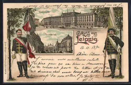 Lithographie Leipzig, Universität, Paulinerhof, Studenten mit Fahnen